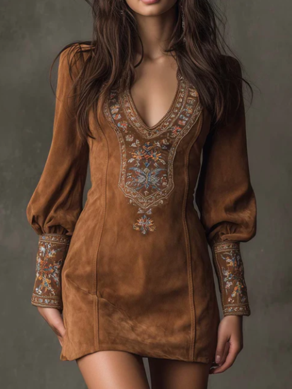 AMAYA | ROBE BOHÈME EN SUÉDINE BRODÉE