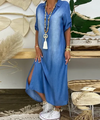 Long denim effect dress with side slit