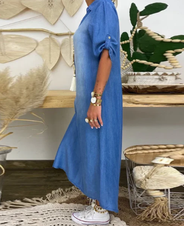 Long denim effect dress with side slit